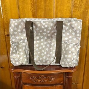 Thirty-One White, Cream and Brown Polka-Dot Tote Bag with Structured Design